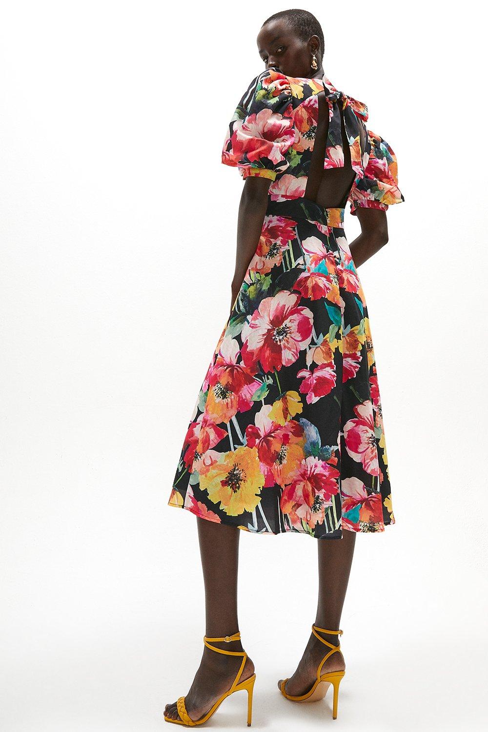 Floral High Neck Midi Dress With Puff ...